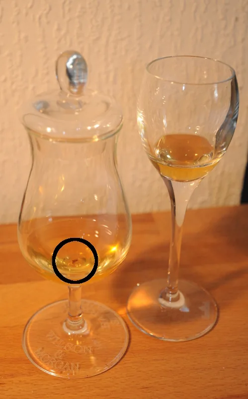 Man sieht ein Taliskerglas mit Deckel in dem zwei Fliegen liegen neben einem Glas mit GlenGrant ohne Deckel